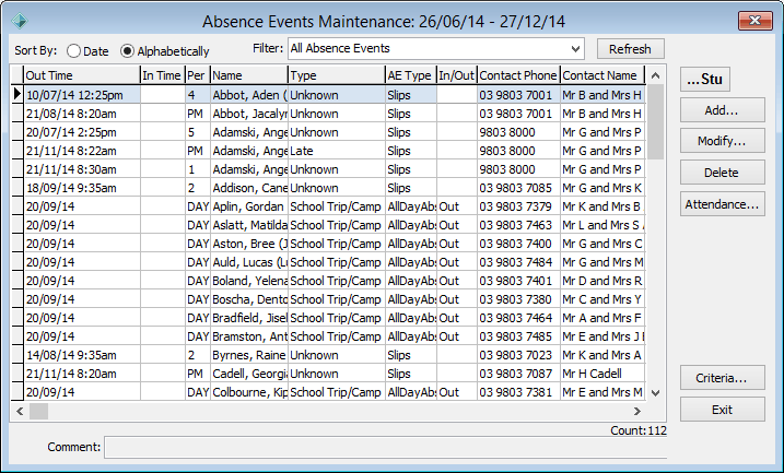 Absence Events Maintenance window