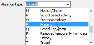 Absence type drop-down list (Present selected)