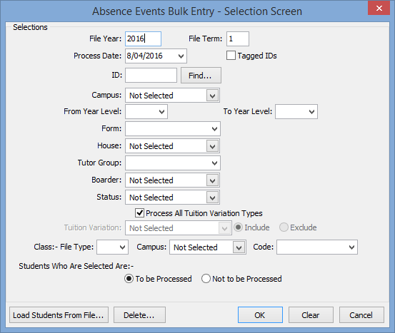 Absentee Bulk Entry - Selection Screen window