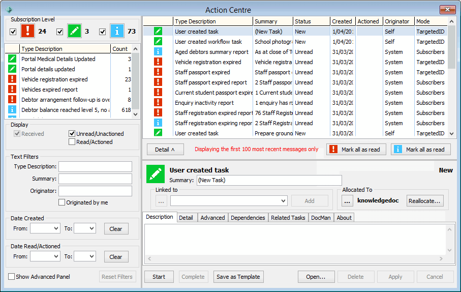 Action Centre - About tab