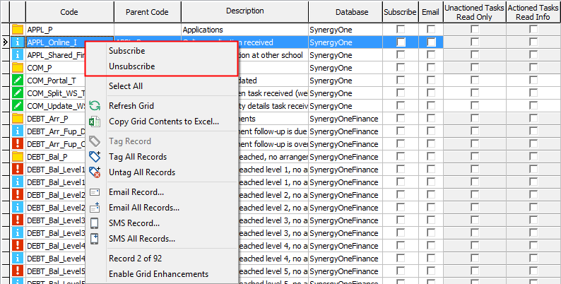 Action Centre message type (subscribing)