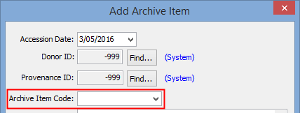 Add Archive Item window (Archive Item Code field highlighted)