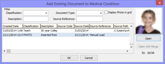 Add existing document to medical condition window