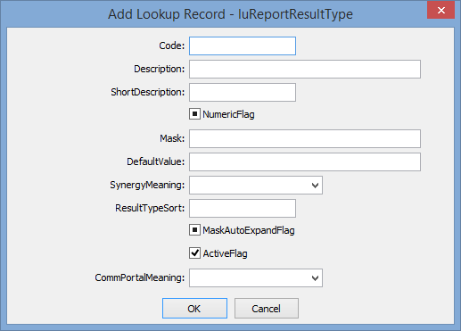 Add Lookup Record - luReportResultType window