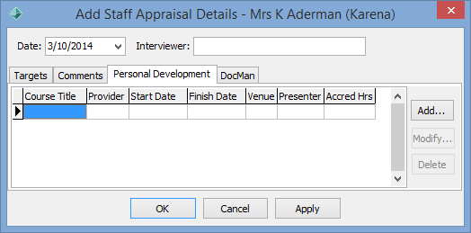 Add Staff Appraisal Details - Personal Development tab