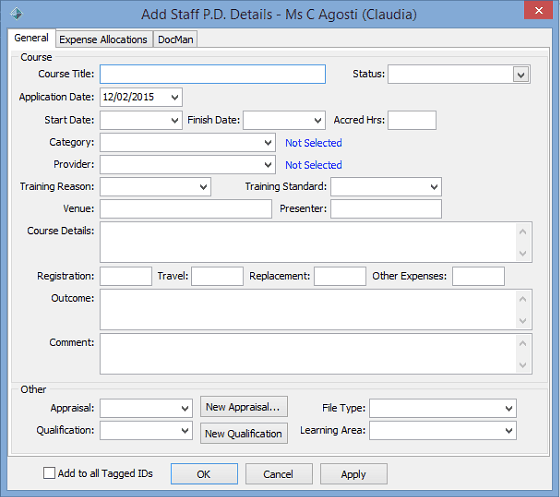 Add Staff P.D. Details - General tab