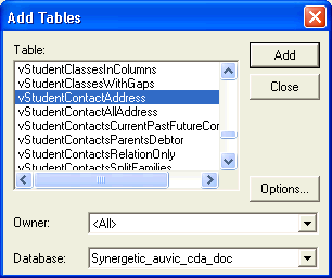 Add Tables window