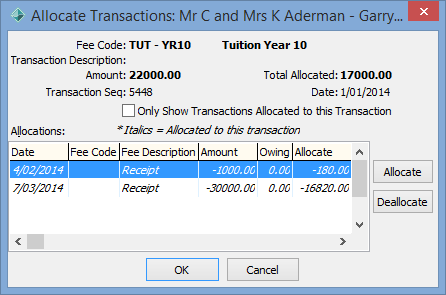 Allocate Transactions window