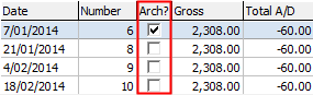 Archive field (Payroll Maintenance - Pays tab, cut-down)