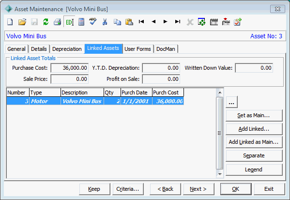 Asset Maintenance - Linked Assets tab