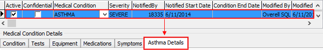 Asthma grid area field selected (Medical Maintenance - Asthma Details)
