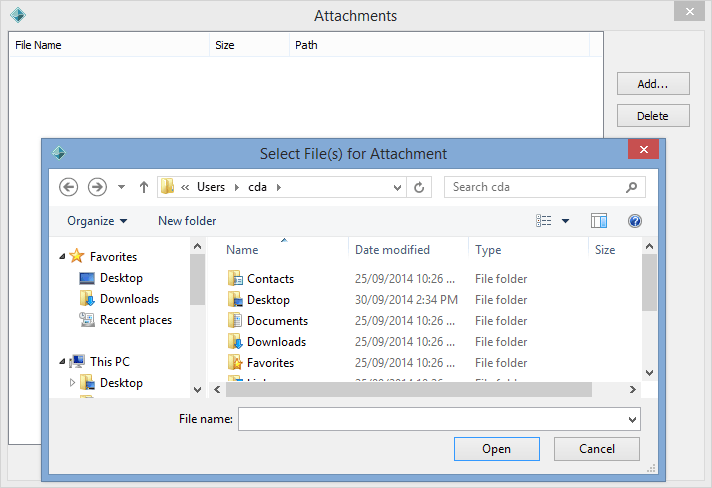 Attachments window (select files for attachment)