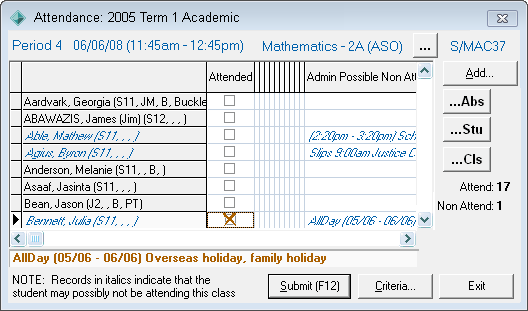 Attendance window (modifying all day absences)