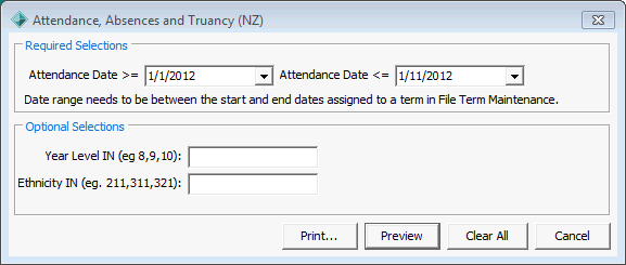 Attendance, Absences and Truancy (NZ) report selections