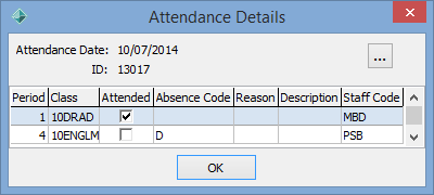Attendance details window (Absence events maintenance)