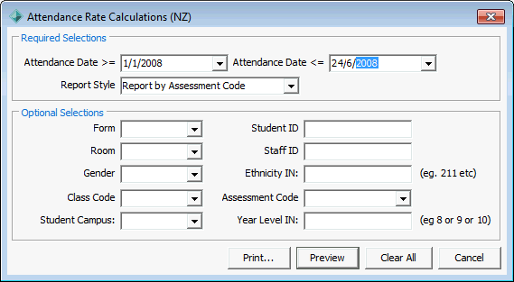 Attendance Rate Calculations (NZ) report selections