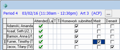 Attendance window - example of user-defined fields