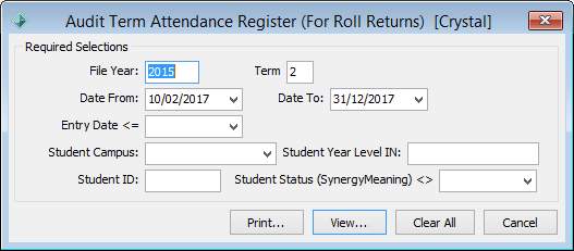 Audit Term Attendance Register (for roll returns) window