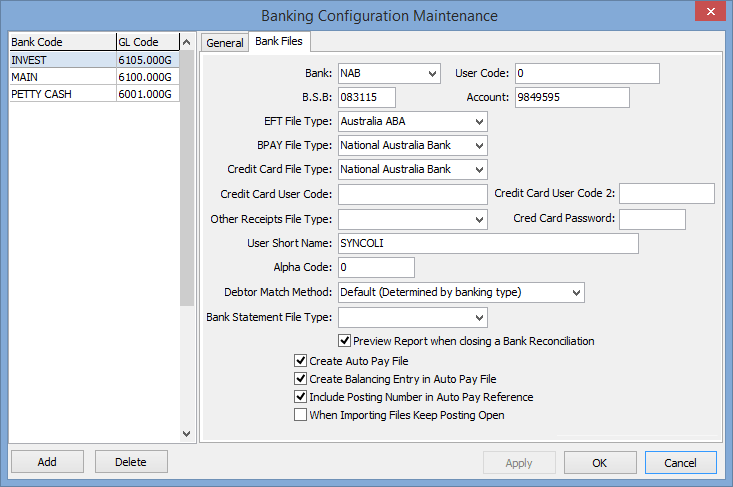 Banking Configuration Maintenance - Bank Files tab