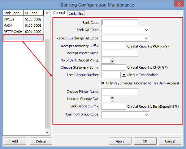 Banking Configuration Maintenance - General tab (Add record)