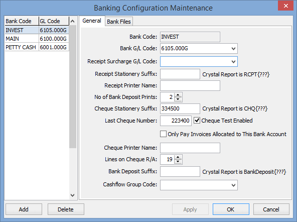 Banking Configuration Maintenance - General tab