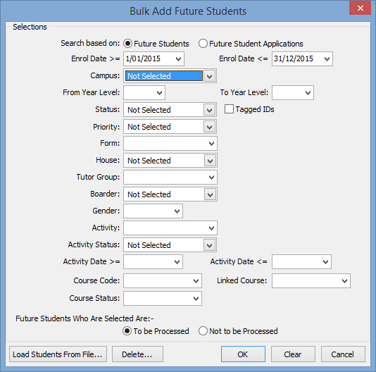 Bulk Add Future Student Activity - Selection window