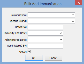 Bulk Add Immunisation window