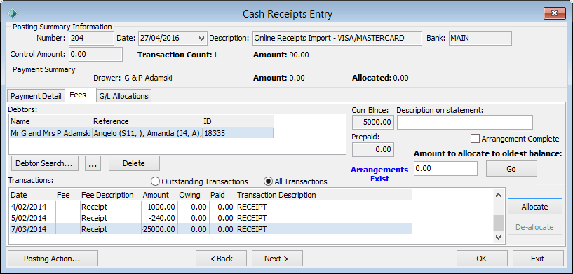 Cash Receipts Entry - Fees tab