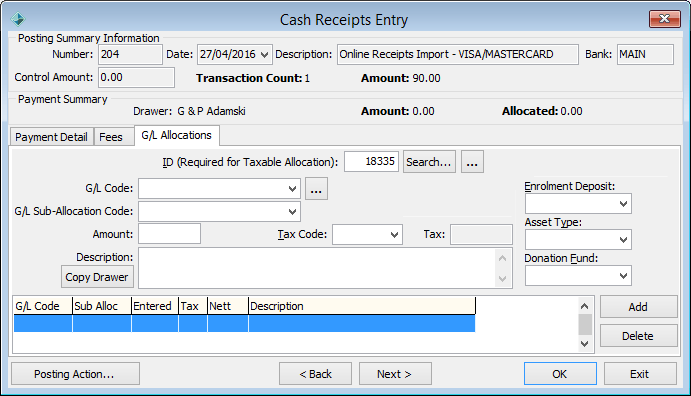 Cash Receipts Entry - G/L Allocations tab