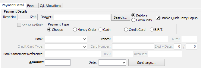 Cash Receipts Entry - Payment Detail tab (cutdown)