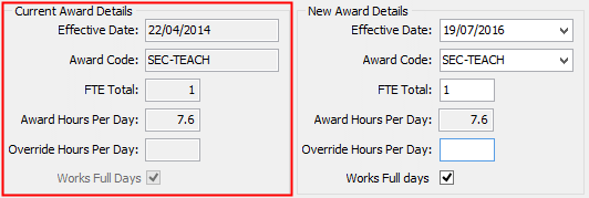 Change FTE/Award window (Current Award Details fields)