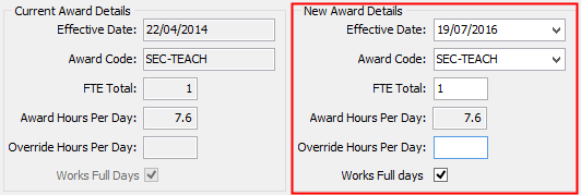 Change FTE/Award window (New Award Details fields)