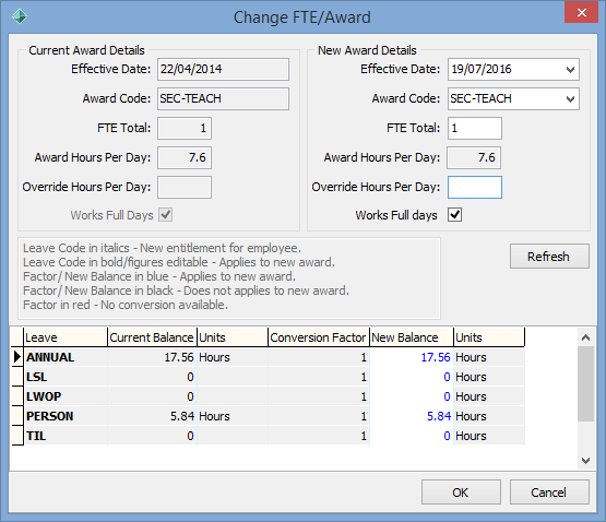 Change FTE Award window