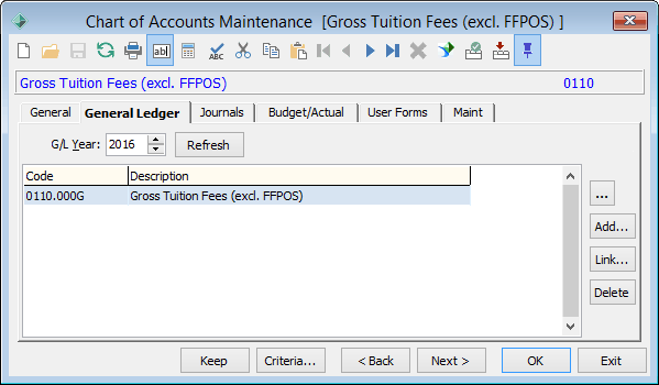 Chart of Accounts Maintenance - General Ledger tab