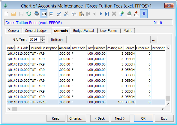 Chart of Accounts Maintenance - Journals tab