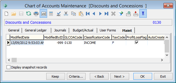 Chart of Accounts Maintenance - Maint tab