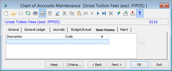 Chart of Accounts Maintenance - User Forms tab