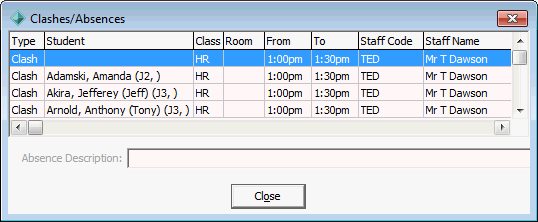 Clashes/Absences window