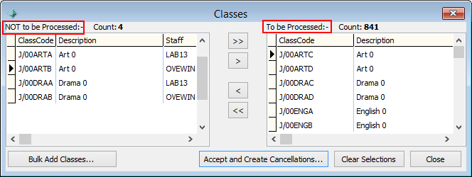 Classes window (Bulk Cancel Classes, sorted left and right)