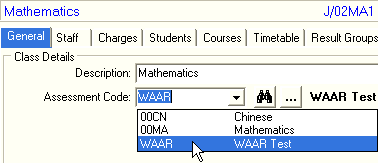 Class Maintenance - General tab (WAAR assessment code)