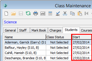 Class Maintenance - Students tab (cut down, start date highlighted)