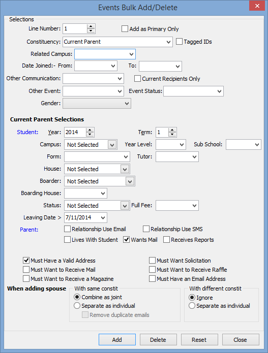 Communications Bulk Add/Delete window (current parent selections)