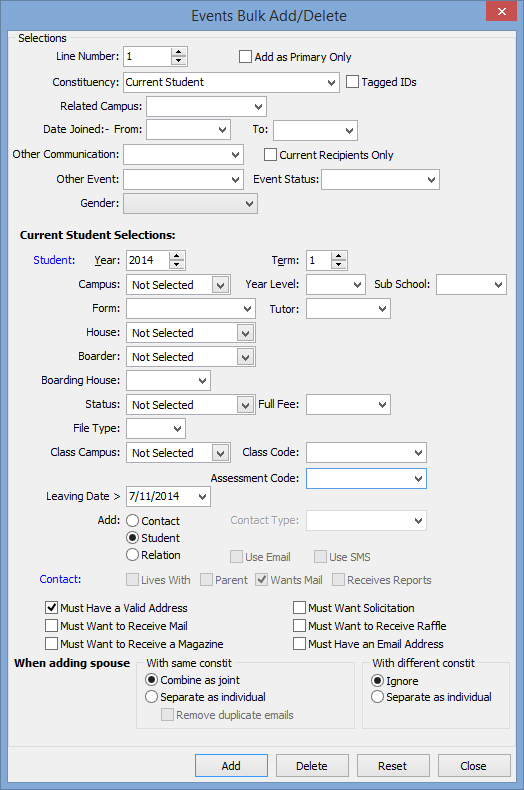 Communications Bulk Add/Delete window