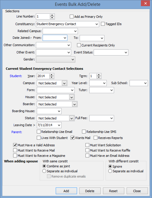 Communications Bulk Add Delete (Current Student Emergency Contact selections)