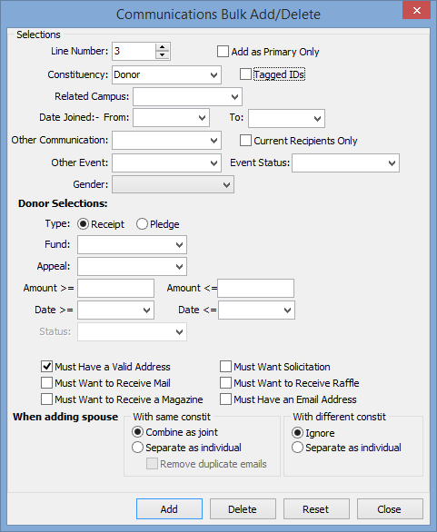 Communications Bulk Add/Delete window
