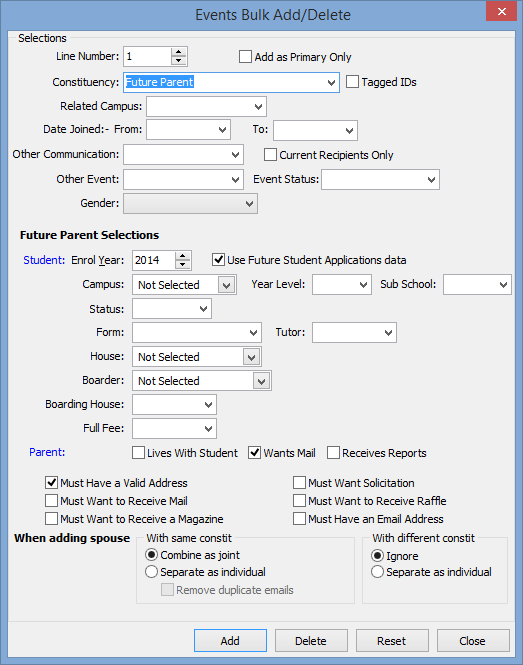 Communications Bulk Add/Delete window