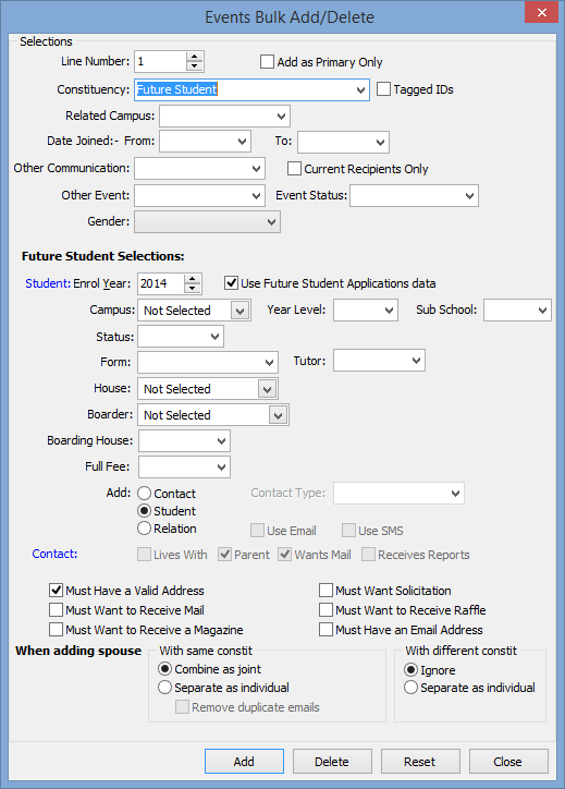 Communications Bulk Add/Delete window