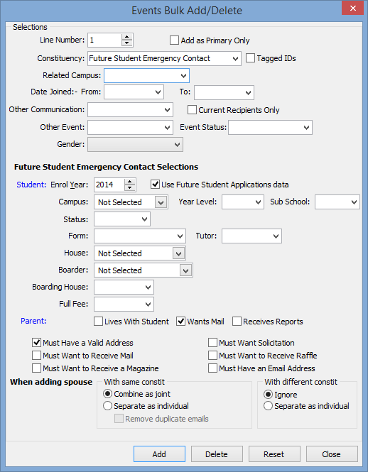 Communications Bulk Add Delete (Future Student Emergency Contact selections)