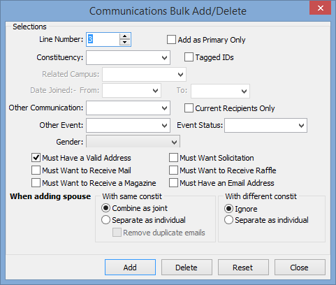 Communications Bulk Add/Delete window