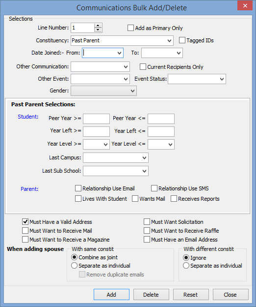 Communications Bulk Add Delete (Past Parent)